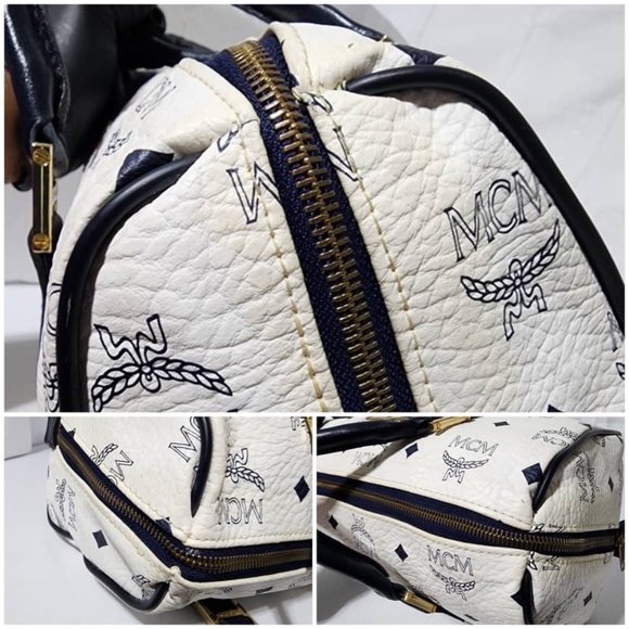 Authentic MCM Vintage Coated Canvas visetos Handle Bag Navy Blue/White - Picture 9 of 14